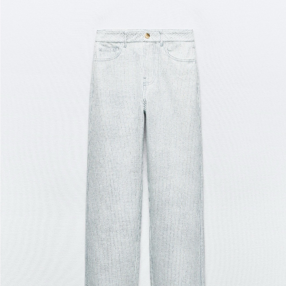 Zara White and Black Striped Straight Leg Jeans